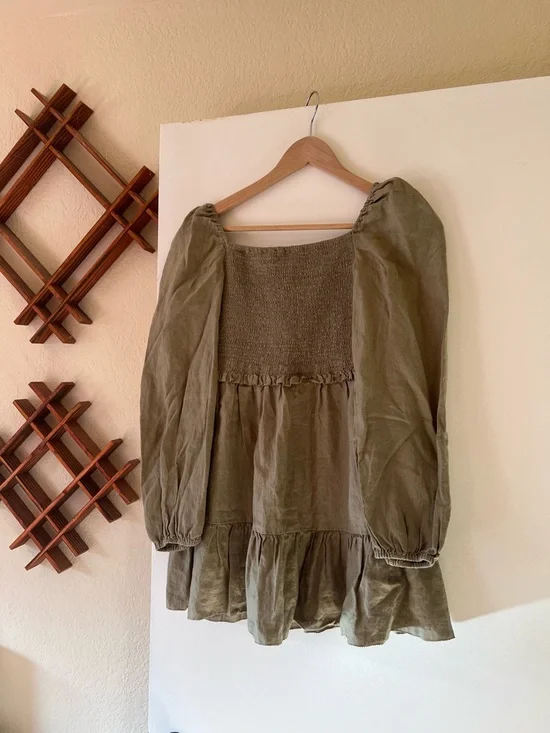 Quince Olive Green Smocked Peasant Mini Dress | 100% Linen - Picture 2 of 6